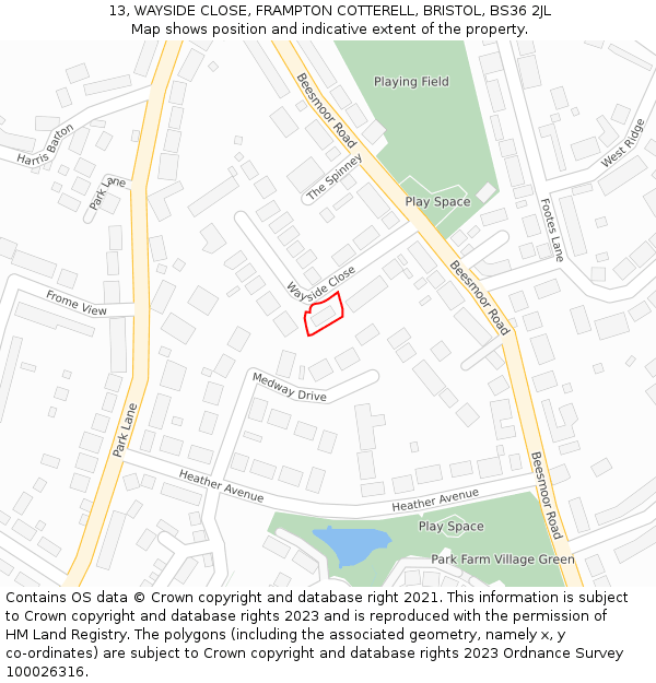 13, WAYSIDE CLOSE, FRAMPTON COTTERELL, BRISTOL, BS36 2JL: Location map and indicative extent of plot