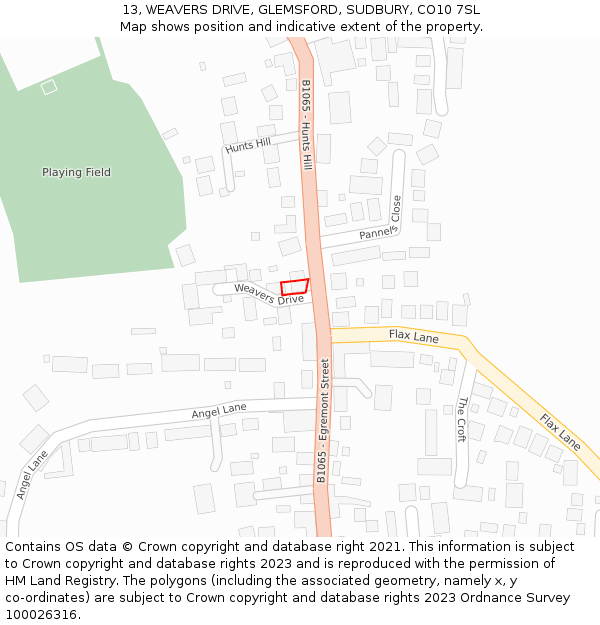 13, WEAVERS DRIVE, GLEMSFORD, SUDBURY, CO10 7SL: Location map and indicative extent of plot