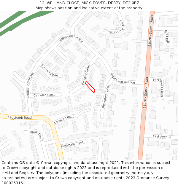 13, WELLAND CLOSE, MICKLEOVER, DERBY, DE3 0RZ: Location map and indicative extent of plot