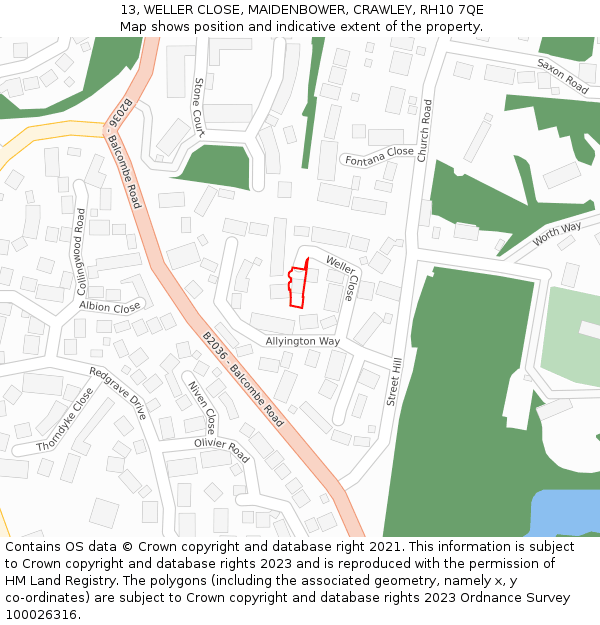 13, WELLER CLOSE, MAIDENBOWER, CRAWLEY, RH10 7QE: Location map and indicative extent of plot