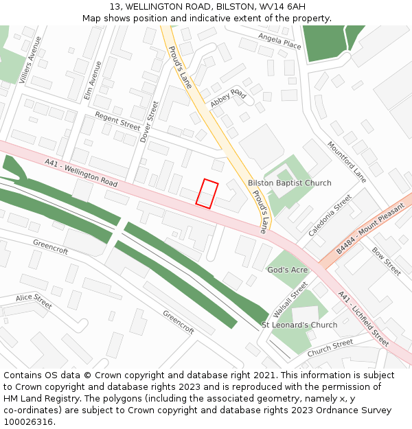 13, WELLINGTON ROAD, BILSTON, WV14 6AH: Location map and indicative extent of plot