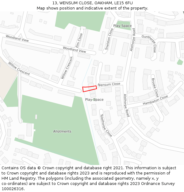 13, WENSUM CLOSE, OAKHAM, LE15 6FU: Location map and indicative extent of plot