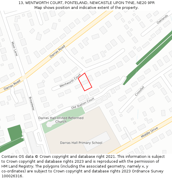 13, WENTWORTH COURT, PONTELAND, NEWCASTLE UPON TYNE, NE20 9PR: Location map and indicative extent of plot