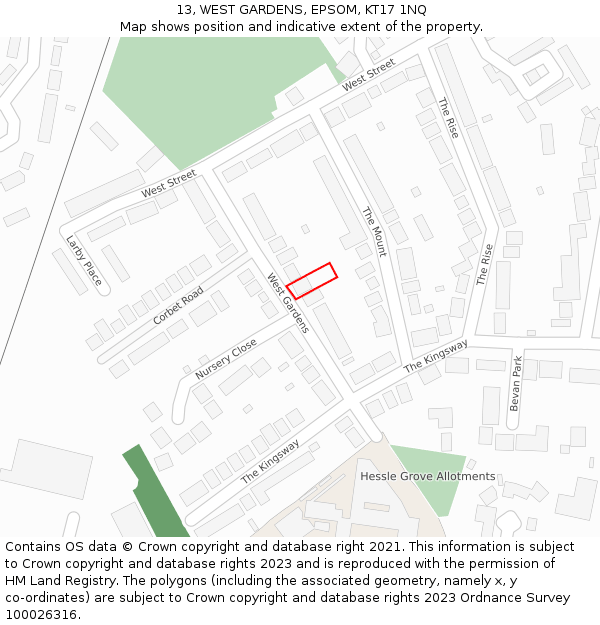 13, WEST GARDENS, EPSOM, KT17 1NQ: Location map and indicative extent of plot