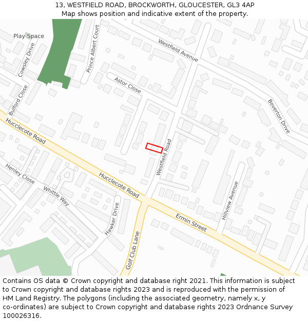 13, WESTFIELD ROAD, BROCKWORTH, GLOUCESTER, GL3 4AP: Location map and indicative extent of plot