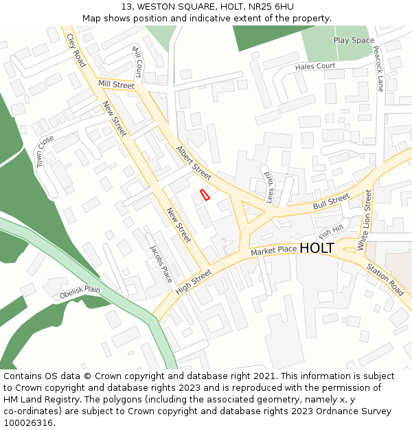 13, WESTON SQUARE, HOLT, NR25 6HU: Location map and indicative extent of plot