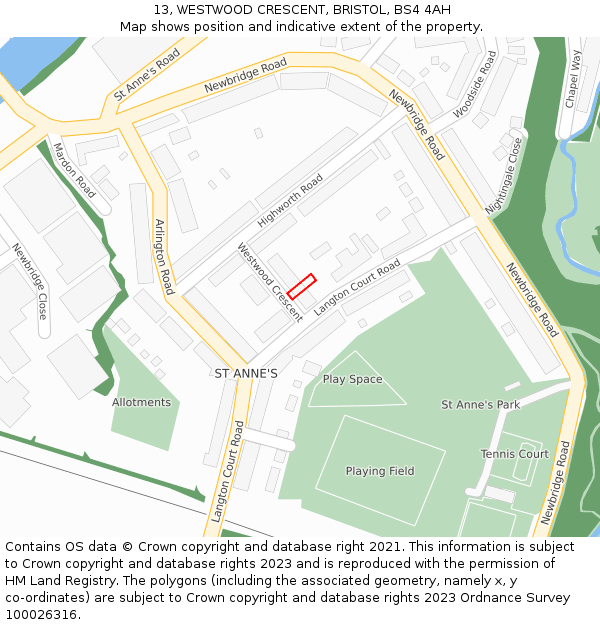 13, WESTWOOD CRESCENT, BRISTOL, BS4 4AH: Location map and indicative extent of plot