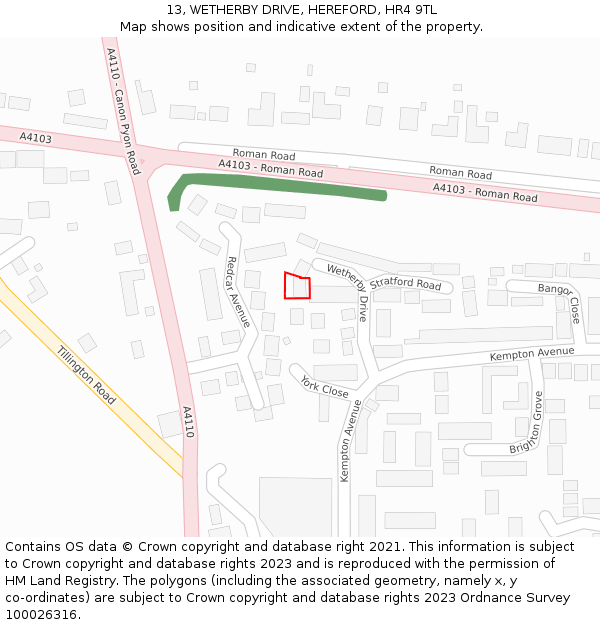 13, WETHERBY DRIVE, HEREFORD, HR4 9TL: Location map and indicative extent of plot