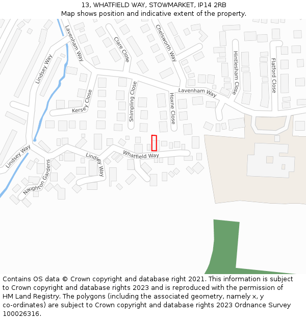 13, WHATFIELD WAY, STOWMARKET, IP14 2RB: Location map and indicative extent of plot