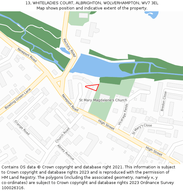 13, WHITELADIES COURT, ALBRIGHTON, WOLVERHAMPTON, WV7 3EL: Location map and indicative extent of plot