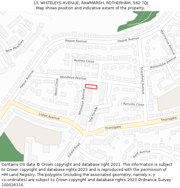 13, WHITELEYS AVENUE, RAWMARSH, ROTHERHAM, S62 7QJ: Location map and indicative extent of plot