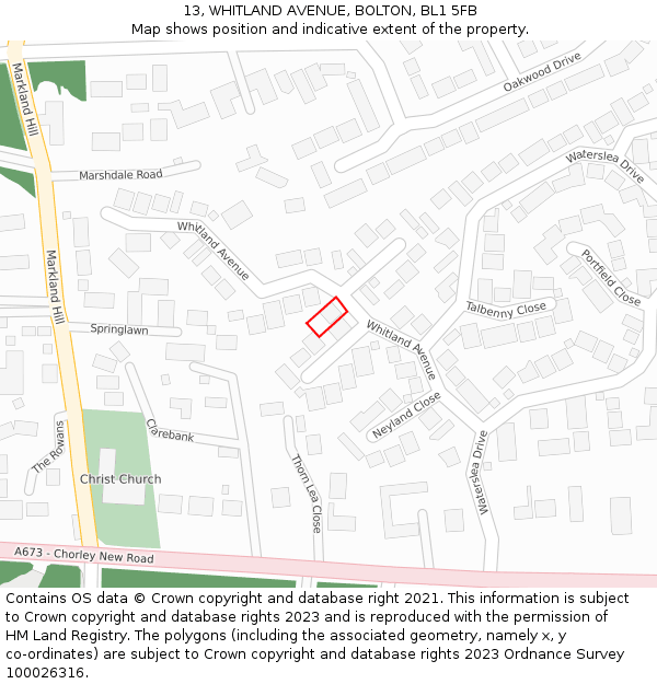 13, WHITLAND AVENUE, BOLTON, BL1 5FB: Location map and indicative extent of plot