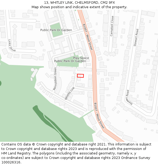 13, WHITLEY LINK, CHELMSFORD, CM2 9FX: Location map and indicative extent of plot