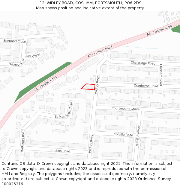 13, WIDLEY ROAD, COSHAM, PORTSMOUTH, PO6 2DS: Location map and indicative extent of plot