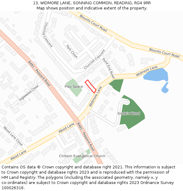13, WIDMORE LANE, SONNING COMMON, READING, RG4 9RR: Location map and indicative extent of plot
