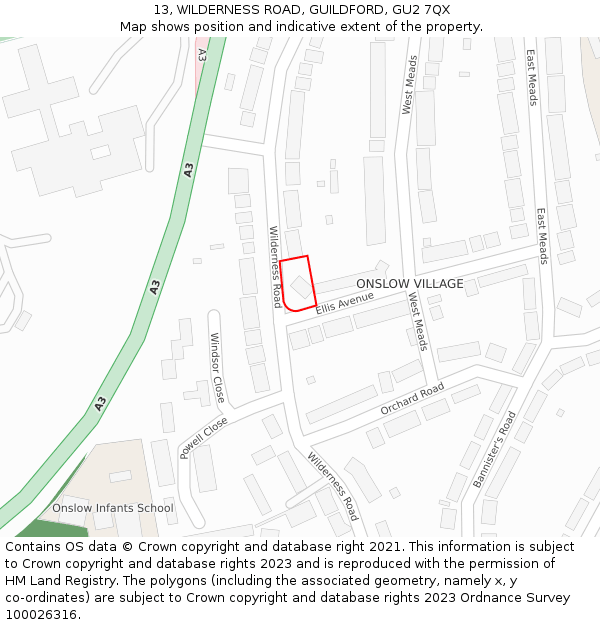 13, WILDERNESS ROAD, GUILDFORD, GU2 7QX: Location map and indicative extent of plot