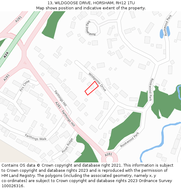 13, WILDGOOSE DRIVE, HORSHAM, RH12 1TU: Location map and indicative extent of plot