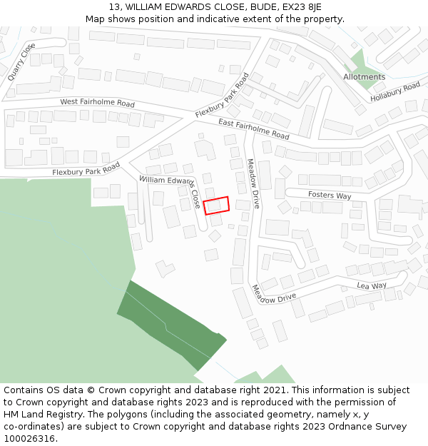 13, WILLIAM EDWARDS CLOSE, BUDE, EX23 8JE: Location map and indicative extent of plot