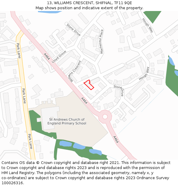 13, WILLIAMS CRESCENT, SHIFNAL, TF11 9QE: Location map and indicative extent of plot