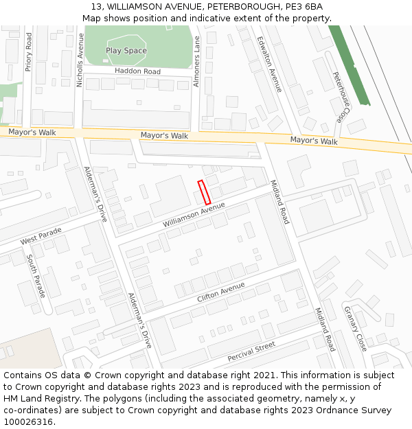 13, WILLIAMSON AVENUE, PETERBOROUGH, PE3 6BA: Location map and indicative extent of plot