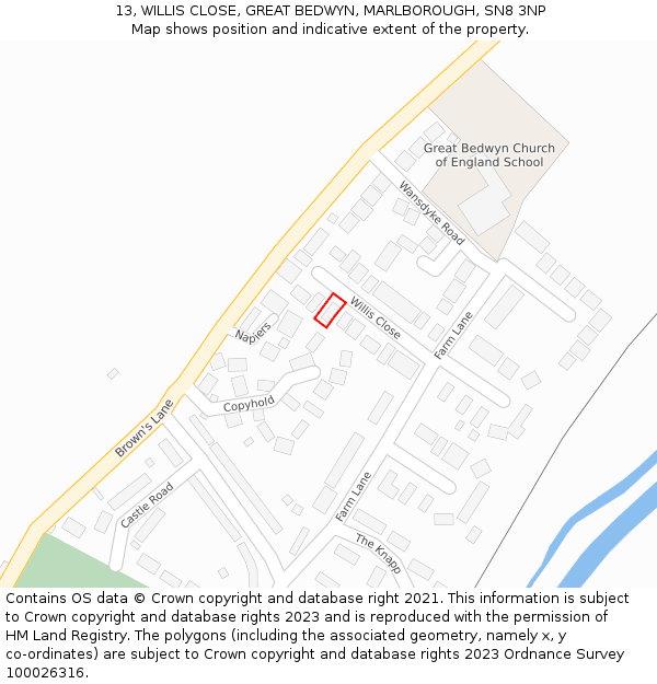 13, WILLIS CLOSE, GREAT BEDWYN, MARLBOROUGH, SN8 3NP: Location map and indicative extent of plot