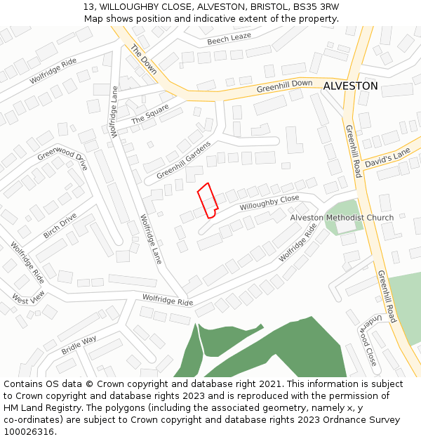 13, WILLOUGHBY CLOSE, ALVESTON, BRISTOL, BS35 3RW: Location map and indicative extent of plot