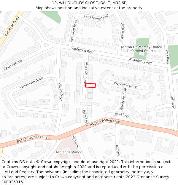 13, WILLOUGHBY CLOSE, SALE, M33 6PJ: Location map and indicative extent of plot