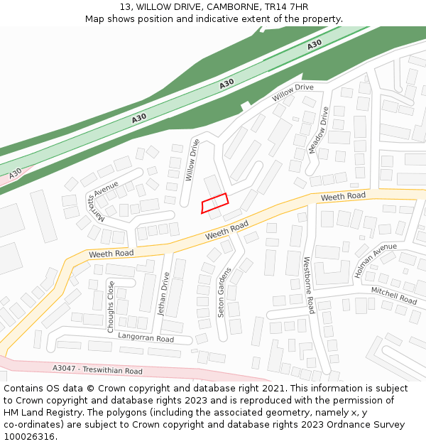 13, WILLOW DRIVE, CAMBORNE, TR14 7HR: Location map and indicative extent of plot