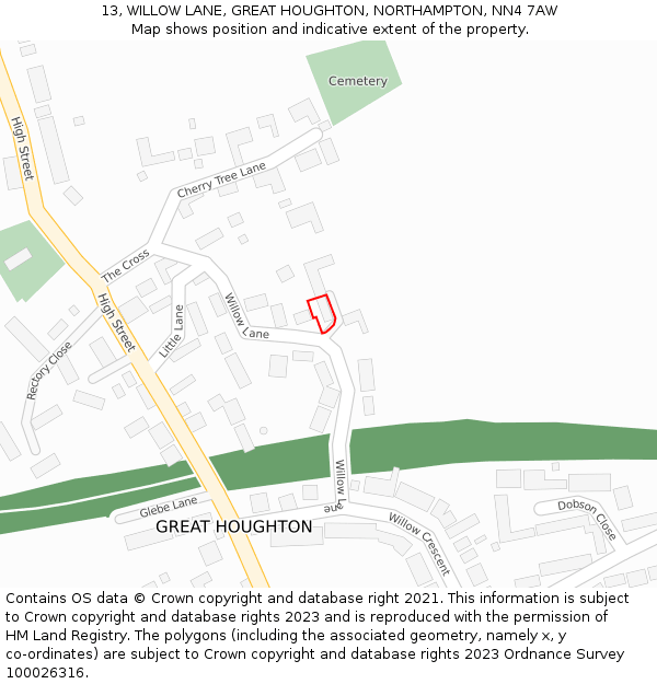 13, WILLOW LANE, GREAT HOUGHTON, NORTHAMPTON, NN4 7AW: Location map and indicative extent of plot