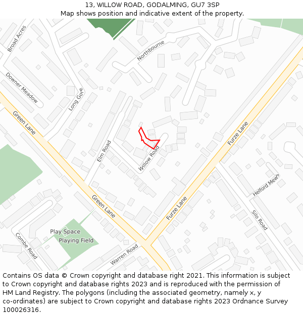 13, WILLOW ROAD, GODALMING, GU7 3SP: Location map and indicative extent of plot