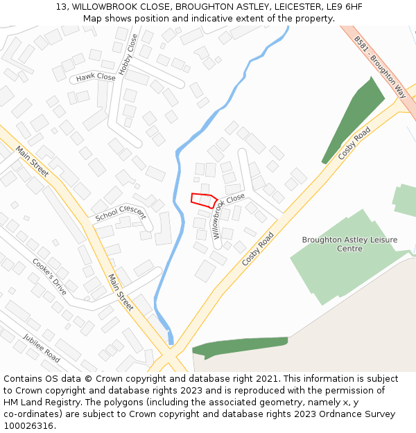 13, WILLOWBROOK CLOSE, BROUGHTON ASTLEY, LEICESTER, LE9 6HF: Location map and indicative extent of plot