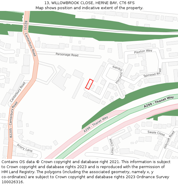 13, WILLOWBROOK CLOSE, HERNE BAY, CT6 6FS: Location map and indicative extent of plot