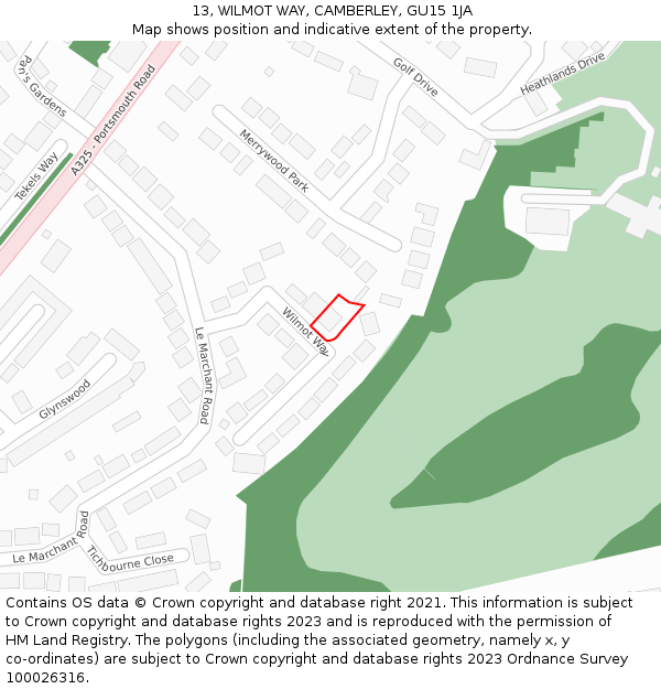 13, WILMOT WAY, CAMBERLEY, GU15 1JA: Location map and indicative extent of plot