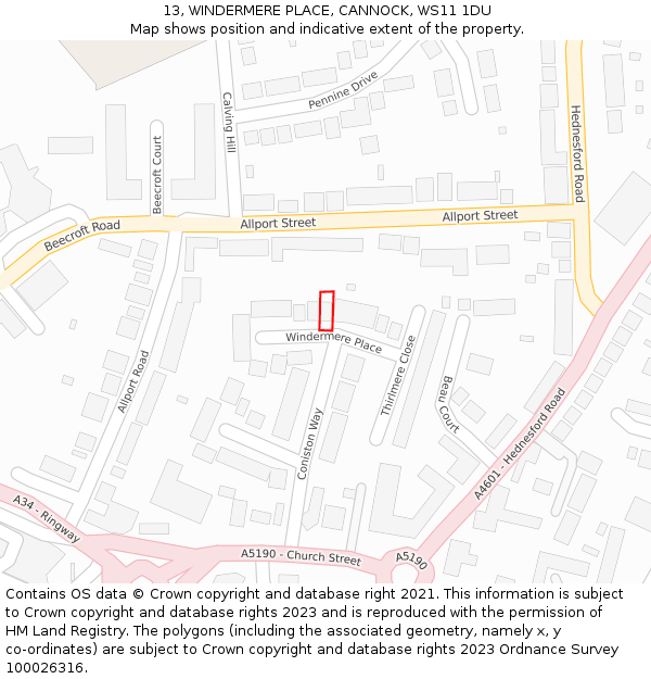 13, WINDERMERE PLACE, CANNOCK, WS11 1DU: Location map and indicative extent of plot