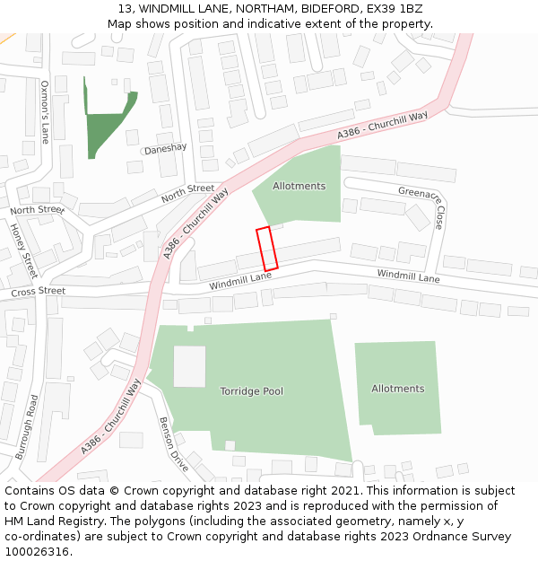 13, WINDMILL LANE, NORTHAM, BIDEFORD, EX39 1BZ: Location map and indicative extent of plot