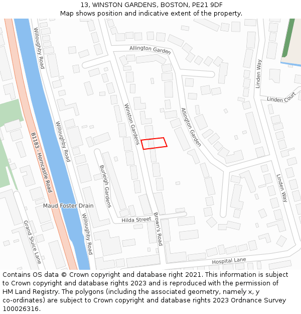 13, WINSTON GARDENS, BOSTON, PE21 9DF: Location map and indicative extent of plot