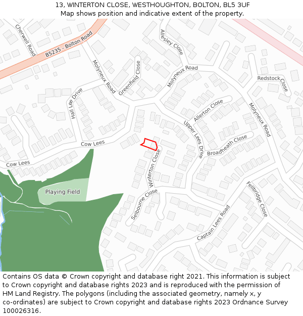 13, WINTERTON CLOSE, WESTHOUGHTON, BOLTON, BL5 3UF: Location map and indicative extent of plot