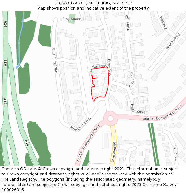 13, WOLLACOTT, KETTERING, NN15 7FB: Location map and indicative extent of plot