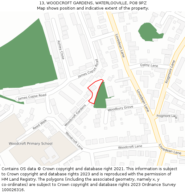 13, WOODCROFT GARDENS, WATERLOOVILLE, PO8 9PZ: Location map and indicative extent of plot