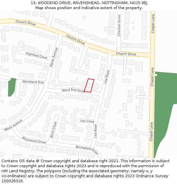13, WOODEND DRIVE, RAVENSHEAD, NOTTINGHAM, NG15 9EJ: Location map and indicative extent of plot