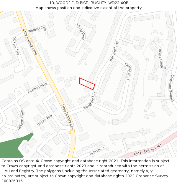 13, WOODFIELD RISE, BUSHEY, WD23 4QR: Location map and indicative extent of plot