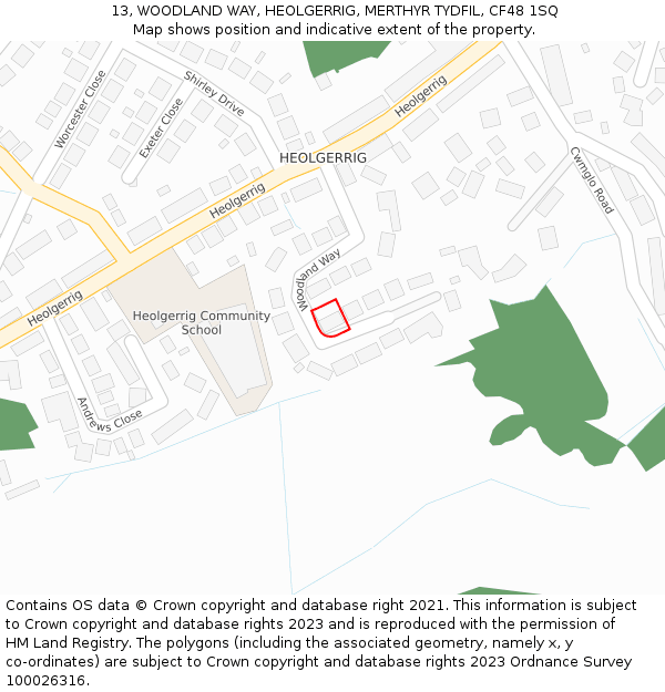 13, WOODLAND WAY, HEOLGERRIG, MERTHYR TYDFIL, CF48 1SQ: Location map and indicative extent of plot