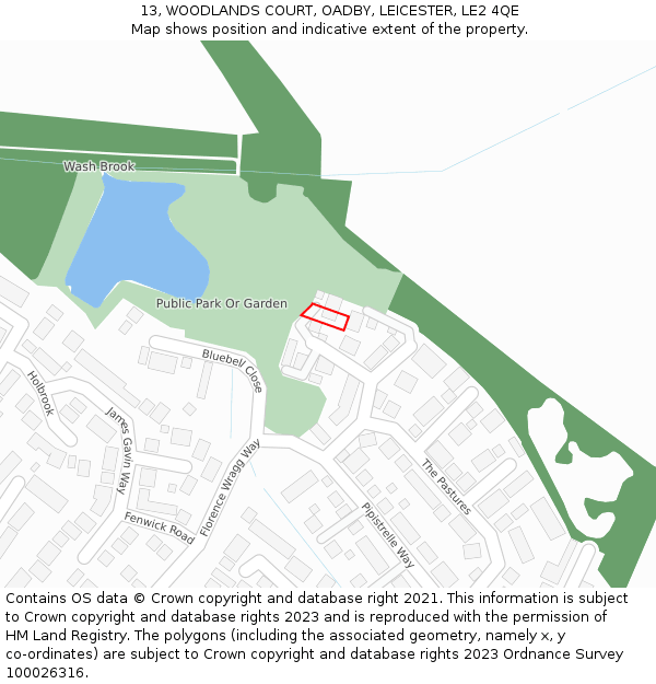 13, WOODLANDS COURT, OADBY, LEICESTER, LE2 4QE: Location map and indicative extent of plot