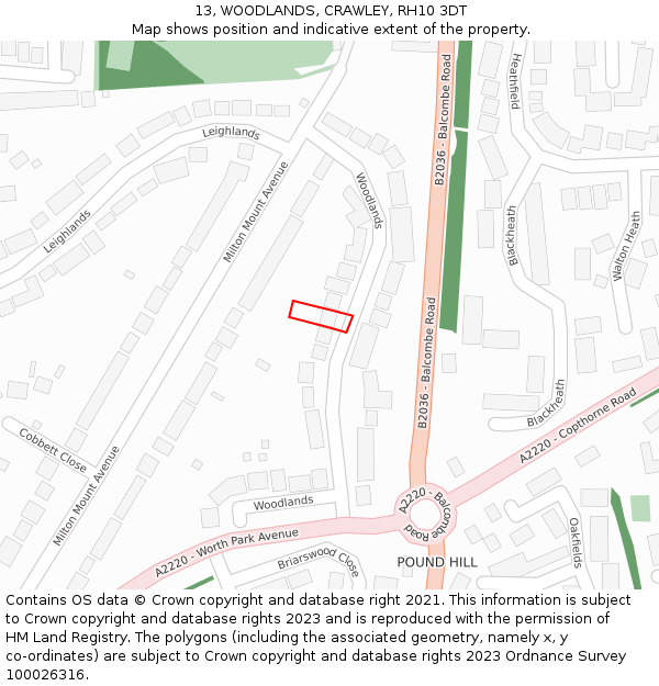 13, WOODLANDS, CRAWLEY, RH10 3DT: Location map and indicative extent of plot