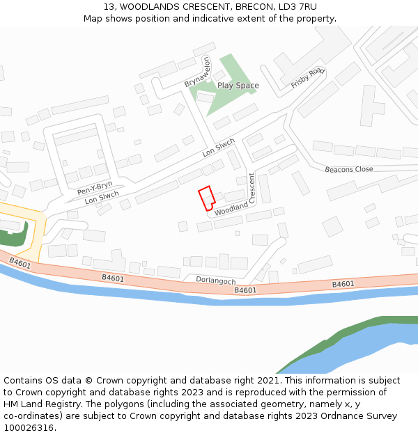 13, WOODLANDS CRESCENT, BRECON, LD3 7RU: Location map and indicative extent of plot
