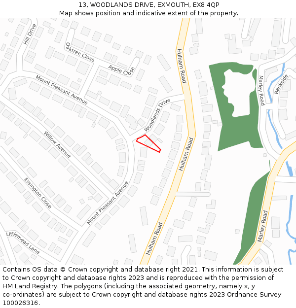 13, WOODLANDS DRIVE, EXMOUTH, EX8 4QP: Location map and indicative extent of plot