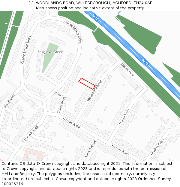 13, WOODLANDS ROAD, WILLESBOROUGH, ASHFORD, TN24 0AE: Location map and indicative extent of plot