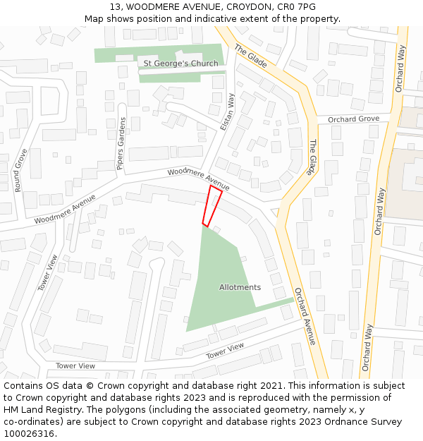 13, WOODMERE AVENUE, CROYDON, CR0 7PG: Location map and indicative extent of plot