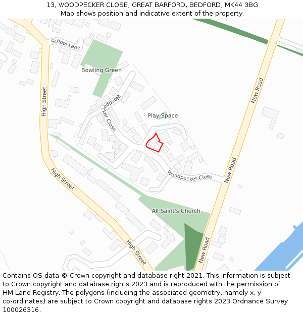 13, WOODPECKER CLOSE, GREAT BARFORD, BEDFORD, MK44 3BG: Location map and indicative extent of plot