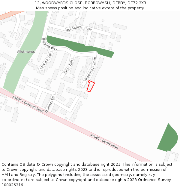13, WOODWARDS CLOSE, BORROWASH, DERBY, DE72 3XR: Location map and indicative extent of plot